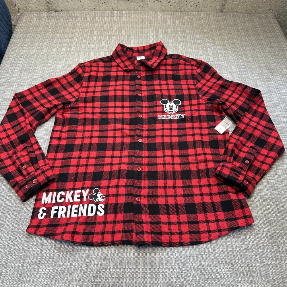 New Disney Parks Mickey & Friends Buffalo Plaid Flannel Shirt Large Red Black